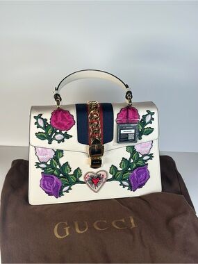 Authentic Gucci Sylvie Floral Embroidered Top Handle Satchel with Purple & Pink